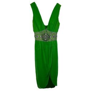 NWT Mandalay Jade Green Silk Beaded Embellished Midi Evening Dress Womens Size 4
